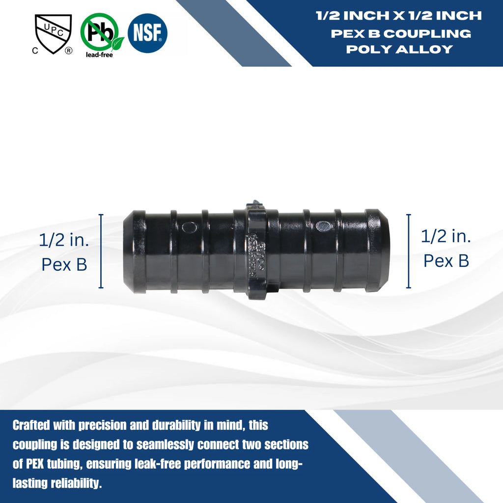 100 Pack 1/2" PEX-B Coupling, Poly Alloy, NSF CUPC, Lead Free