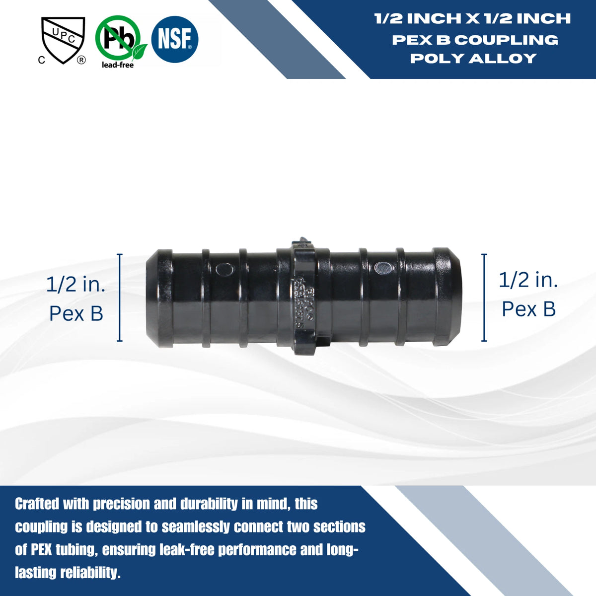 100 Pack 1/2" PEX-B Coupling, Poly Alloy, NSF CUPC, Lead Free
